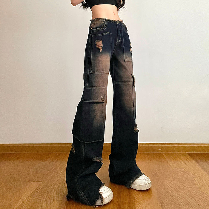 Street Retro Distressed Asymmetric Pocket Design Ripped Jeans Low Waist Slimming Street Shooting Casual Trousers