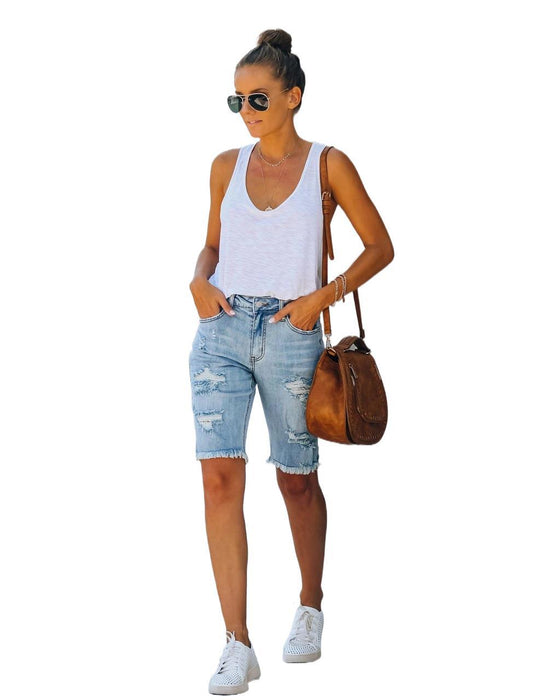 Summer Street Straight-Leg Pants Mid-Waist Cropped Pants Ripped Jeans for Women