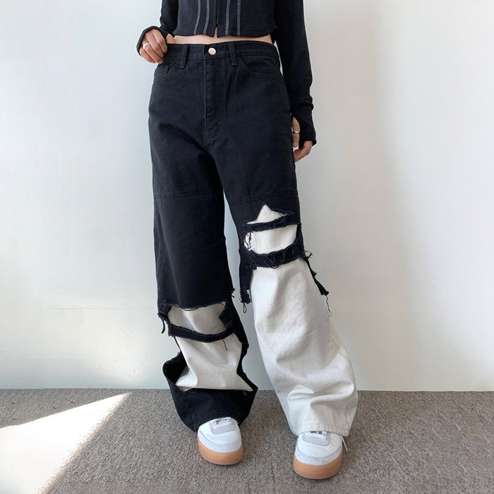 Street Broken Burr Sexy Contrast Color Jeans Loose High Waist Straight Leg Wide Leg Pants