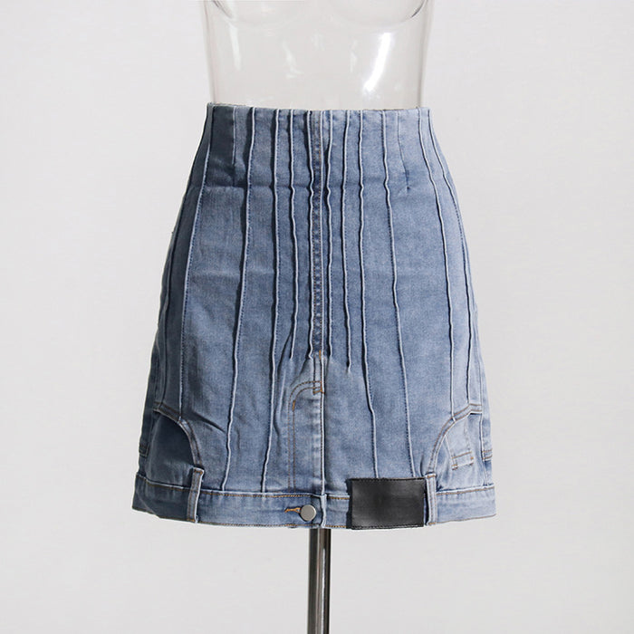 Summer Denim Skirt Abstract Design First Contrast Color High Waist A  line Sheath Skirt Slimming Skirt