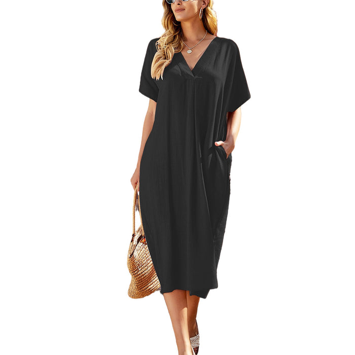 Loose Simple Plain Midi Dress Summer V-neck French Dress Women