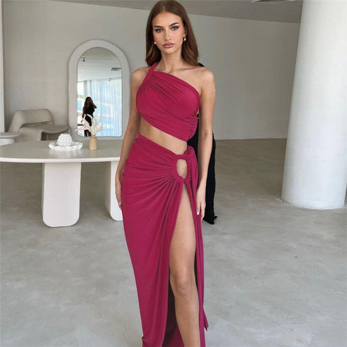 Autumn Winter Women  Clothing Sexy Oblique Shoulder Backless Vest Slim Fit Slit Skirt Set Women