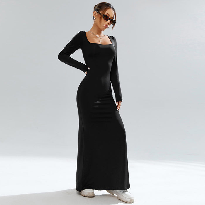 Autumn Square Collar Black Knitted Long Sleeved Dress Women Cinched Slimming Maxi Dress Skinny Sheath Base Dress