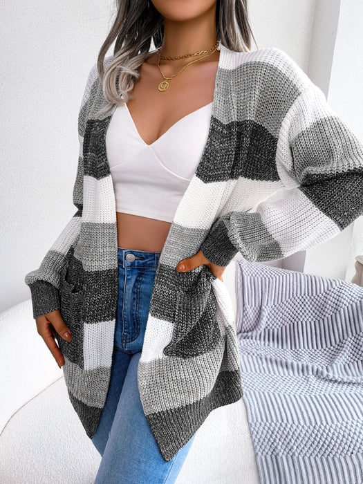 Autumn Winter Striped Lantern Sleeve Casual Cardigan Sweater Coat Women Clothing