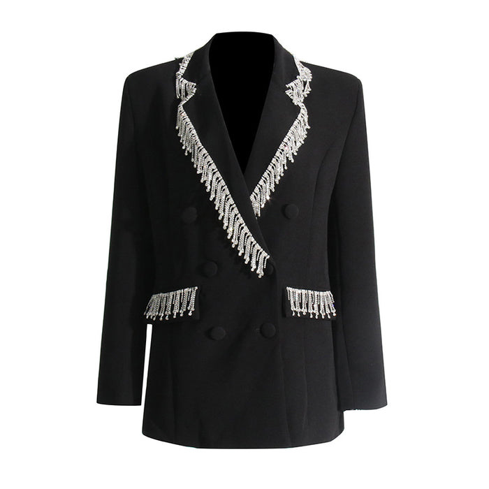 Autumn Heavy Industry Tassel Design Double Breasted Loose Profile Blazer Women Fashionable Elegant Top