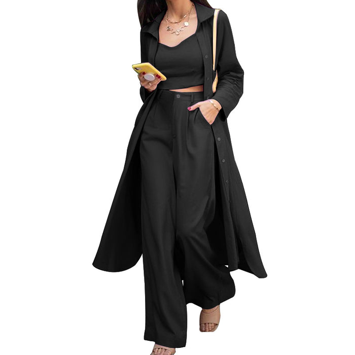 Fall Casual Trench Coat Wide Leg Pants Women Clothing Three-Piece Suit