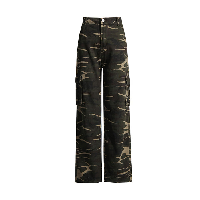 High Street Retro Denim Camouflage Pants Autumn Trendy Multi Pocket Workwear Straight Leg Pants Women