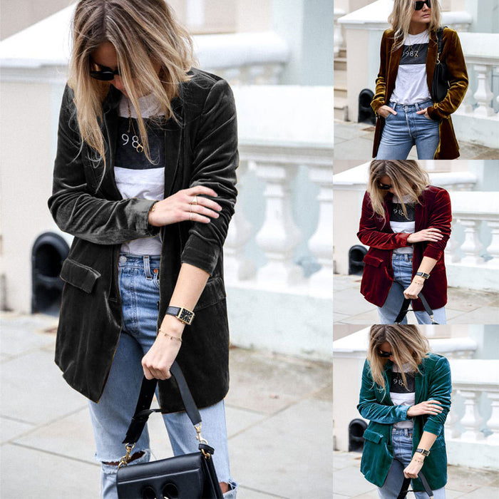 Gold Velvet Blazer Solid Color Casual Blazer  Mid-Length Coat for Women Outerwear