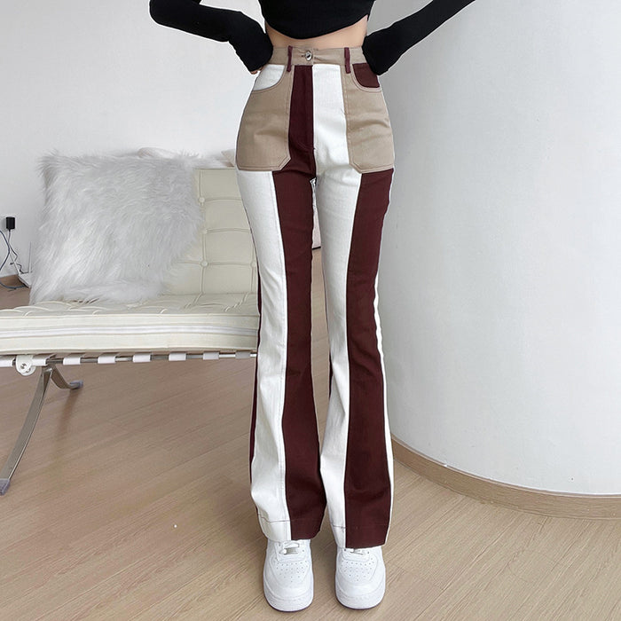 Straight Leg Pants Women Autumn Personal Casual Colorblock All Matching Distressed High Waist Jeans