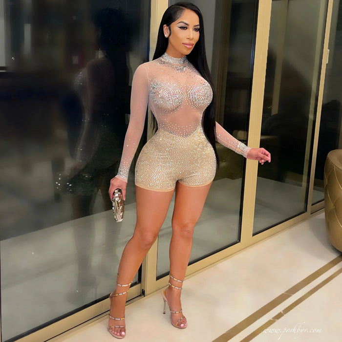 Sexy Round Neck Long Sleeve Nightclub Party Rhinestone See Through Jumpsuit