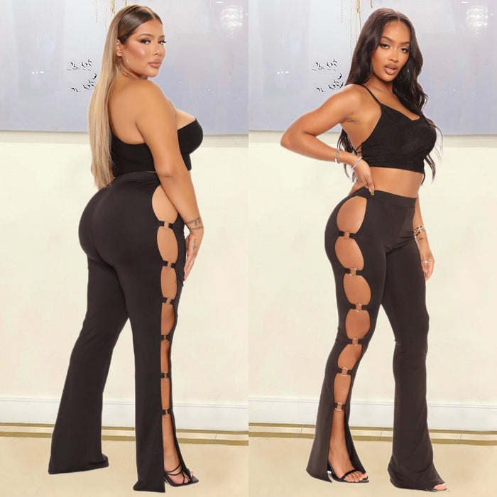 Summer Women  Clothing Sexy Tight Sports Casual Hollow Out Cutout  Bell Bottom Pants Trousers