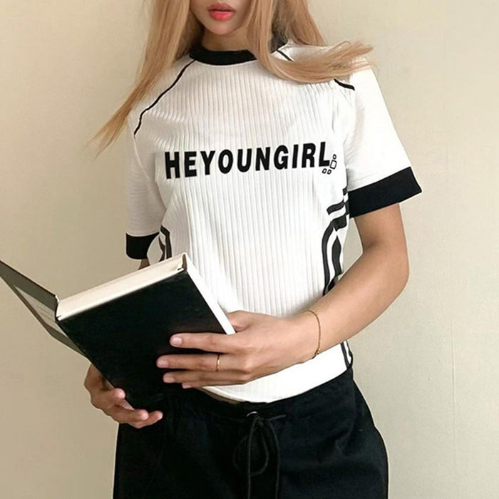 Street Mechanical Basic Letter Graphic Print Sunken Stripe T shirt Sexy Fashionable Contrast Color Striped Stitching Short Top