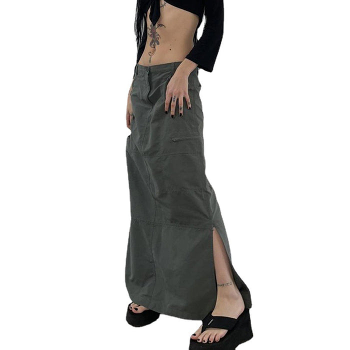 Street Old Washed Gray Low Waist All-Match Tutu Irregular Asymmetric Slit Tooling Casual Skirt