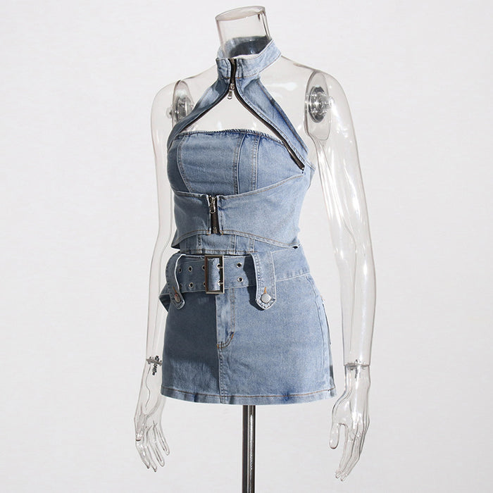 Summer Sexy Halter off the Shoulder Short Denim Vest Slimming Sheath Skirt Two Piece Suit