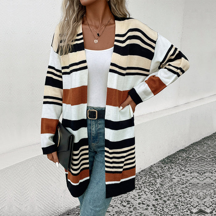 Autumn Winter Women Color Matching Long Sweater Cardigan