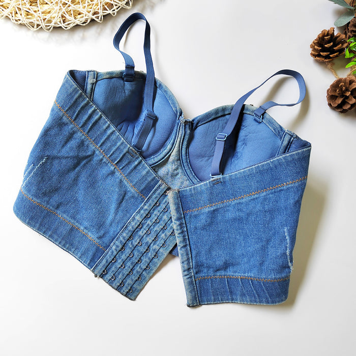 Denim Camisole Women Beauty Back Cropped Free Underwear Outer Wear Boning Corset Top All Match Nightclub Disco Tube Top