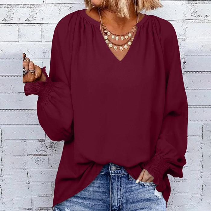 Solid Color Chiffon Shirt Women Spring Autumn New V neck Pullover Loose Fitting Long Sleeves Top Women