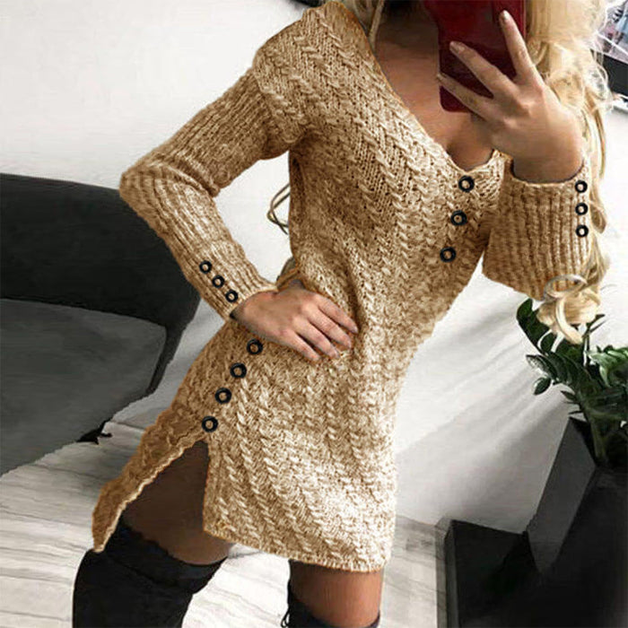 Autumn Winter Knitted Sweater Women V Neck Slim Fit Slim Sexy Elegant Slightly Mature Solid Color Mid Length Dress