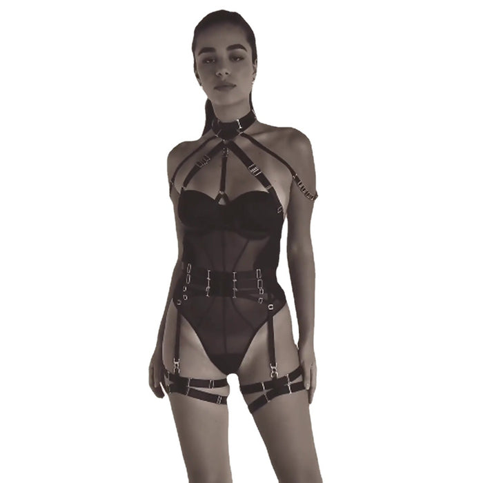 Sexy Jumpsuit Mesh Strap Stitching Complex Heavy Craft Neck Sling Leg Ring