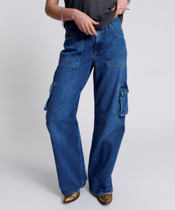 Multi Bag Jeans Women High Waist Tooling Pants Loose Washed Jeans