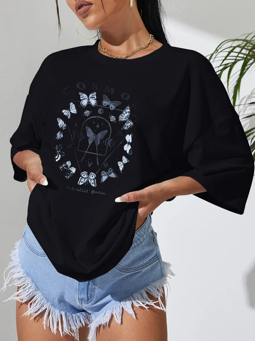 Casual Black T Shirt Simple Round Neck Short Sleeve Women Top Loose Butterfly Print