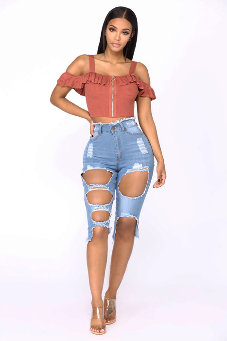 Elastic Ripped Jeans High Waist Middle Pants Cropped Pants Women