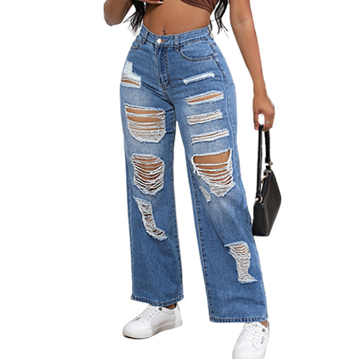 Ripped Jeans for Women Arrival High Waist High Elastic Baggy Straight Trousers