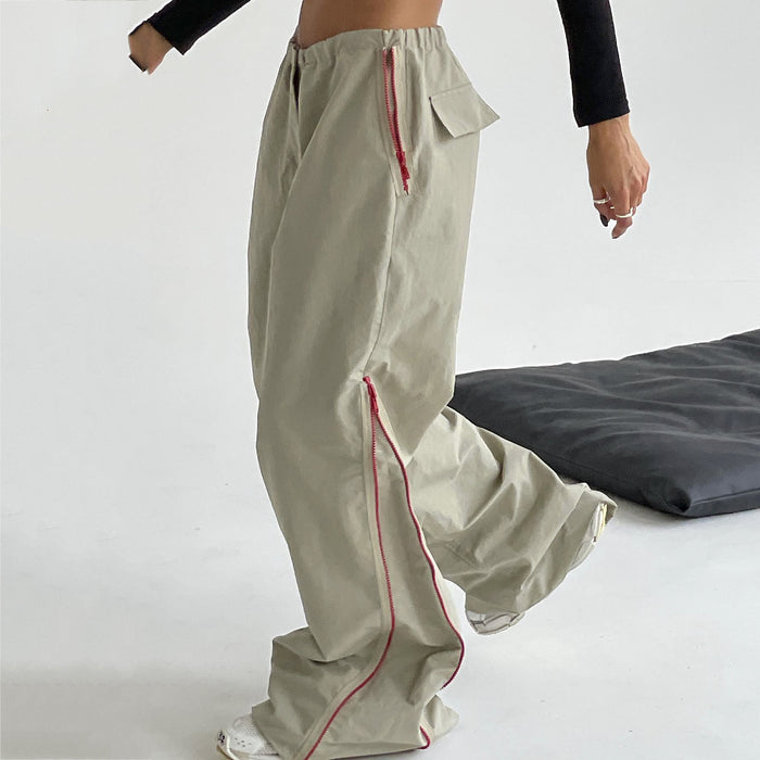 Contrast Color Zipper Mopping Bell Bottom Pants Women Summer Thin Loose Casual Wide Leg Straight Pants Women