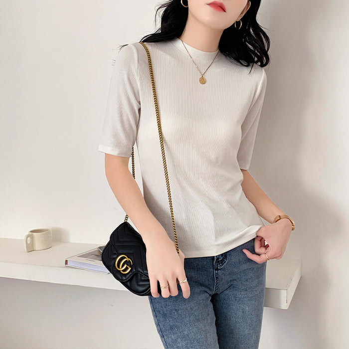 Thread High Elastic White T shirt Women Short Sleeve Summer Slim Fit round Neck Half Sleeve T shirt Stand Collar Top