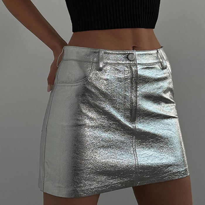 Solid Color Basic  Leather Leather Hip Skirt Low Waist Skirt