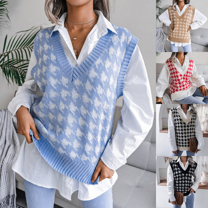 Autumn Winter V-neck Houndstooth Casual Loose Knitted Vest Sweater Waistcoat Women Clothing