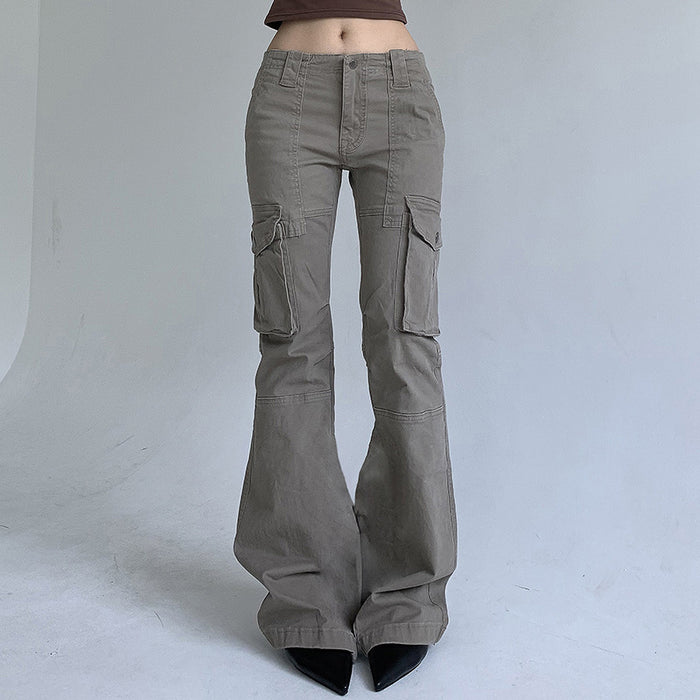 Autumn Winter Fashionable Street Low Waist Bootcut Trousers Lines Split Pocket Patchwork Cargo Pants Trousers