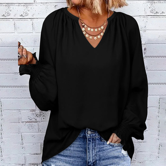 Solid Color Chiffon Shirt Women Spring Autumn New V neck Pullover Loose Fitting Long Sleeves Top Women