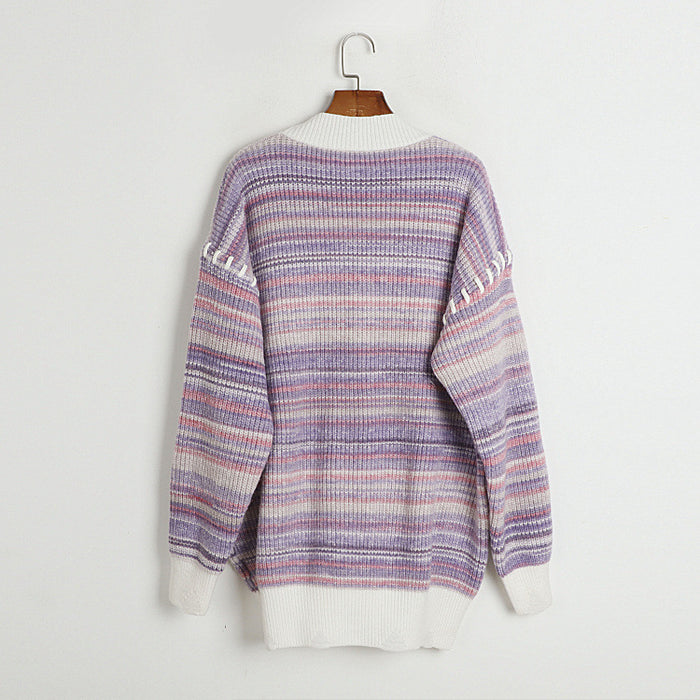 Thickened Sweater Autumn Winter Women Retro Gradient Color Striped Loose Mid Length Rope Brooch V Neck Knitted Cardigan