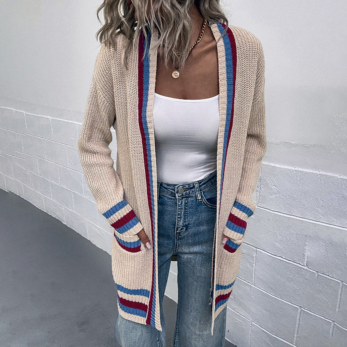 Contrast Color Striped Pocket Sweater Autumn Winter Sweater Women Cardigan Coat