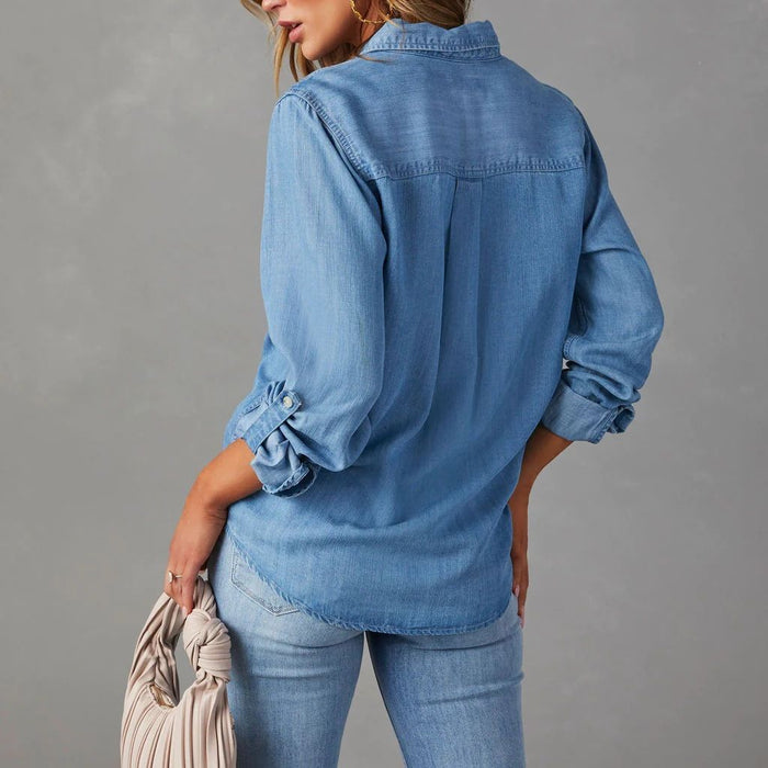 Denim Shirt Autumn Casual Collared Single Breasted Women Long Sleeved Denim