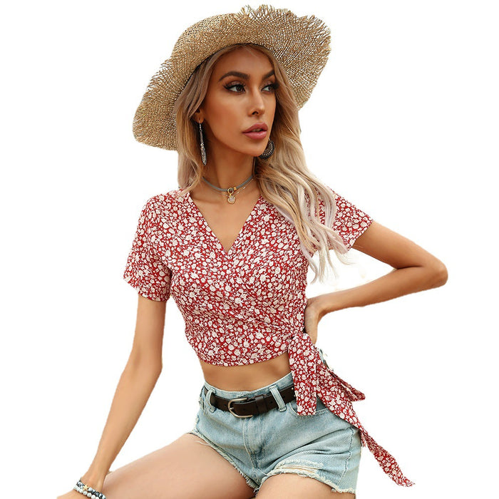 Spring Summer Women Sexy V-neck Slim Top Floral Cropped Short Sleeve Shirt