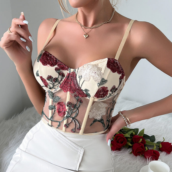 Retro Net Yarn Floral Embroidered Steel Ring Boning Corset Vest