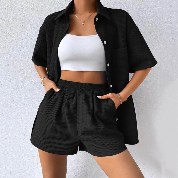 Summer Suit Women  Women's Loose Casual Short Sleeved Shirt Elastic Waist Shorts Two Piece Set Women