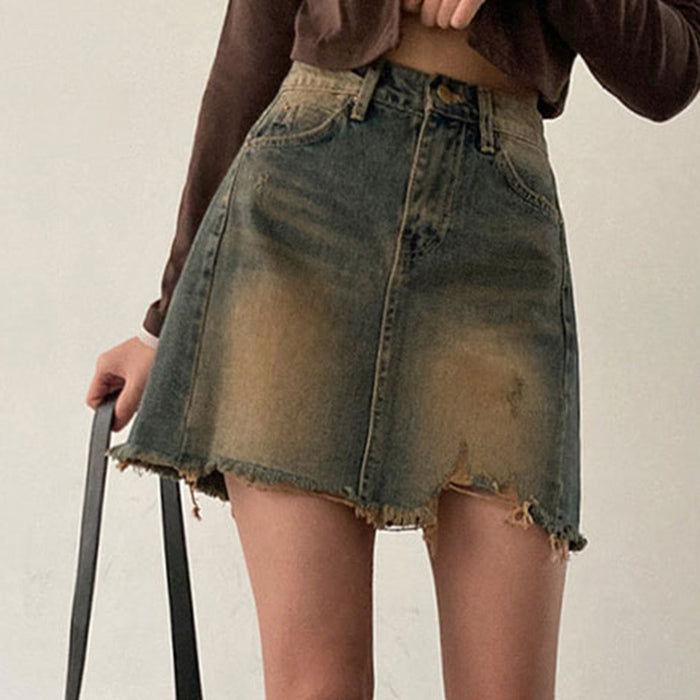 Spring Street Retro Worn Looking Washed-out Frayed Denim Skirt High Waist Slimming Sexy A  line Skirt