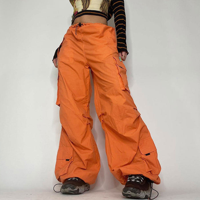 Street Sports Casual Pocket Patchwork Cargo Pants Low Waist Drawstring Ankle Tied Loose Wide Leg Pants