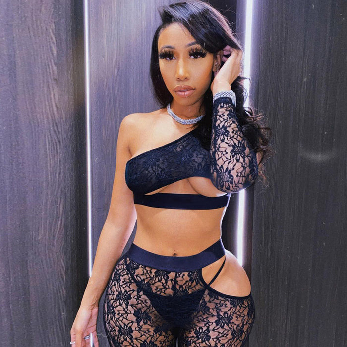 Sexy Lace Two-Piece Set Sheer Hollow Out Cutout Casual Set Women Spring