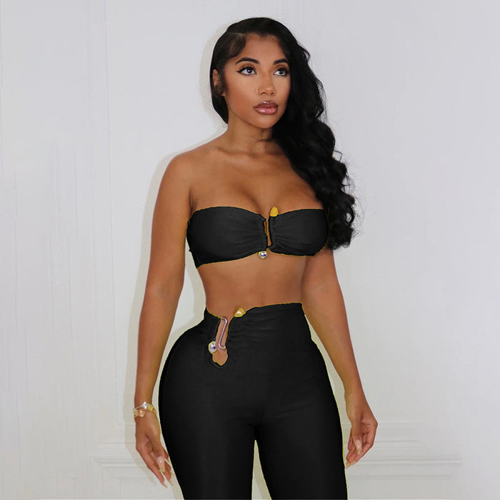 Summer Women Clothing Solid Color Cropped Tube Top Sexy High Waist Tight Hip Lifting Trousers Set for Women