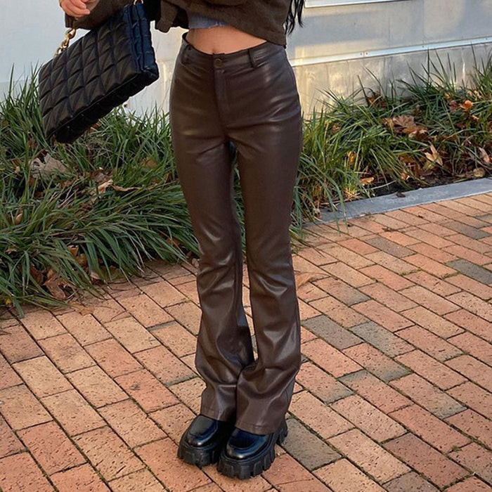 Retro Women Brown Skinny Leg Straight High Waist Leather Pants Sexy Personalized Slim Looking All Match Hip Lifting Casual Trousers