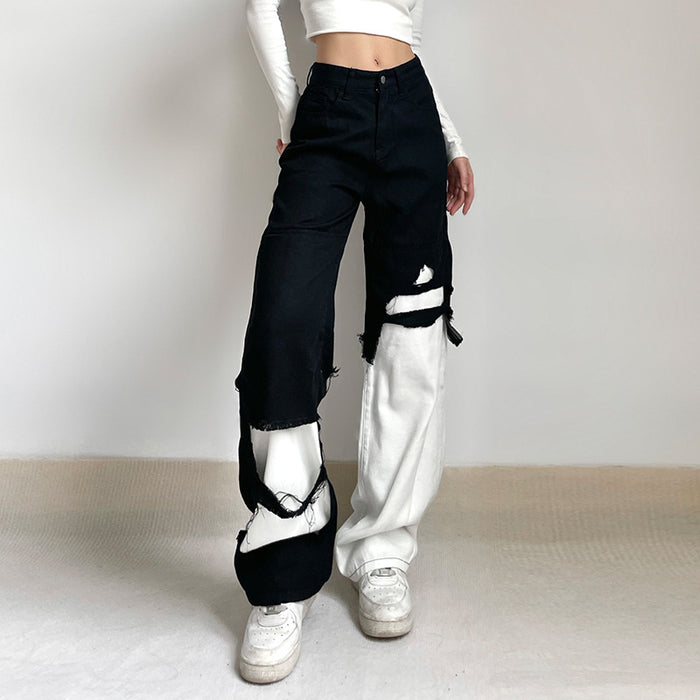 Street Broken Burr Sexy Contrast Color Jeans Loose High Waist Straight Leg Wide Leg Pants