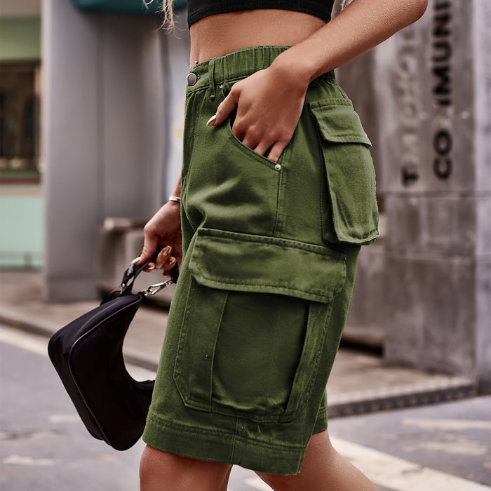 Summer Women Clothing Elastic Waist Denim Cargo Pants Shorts Trendy