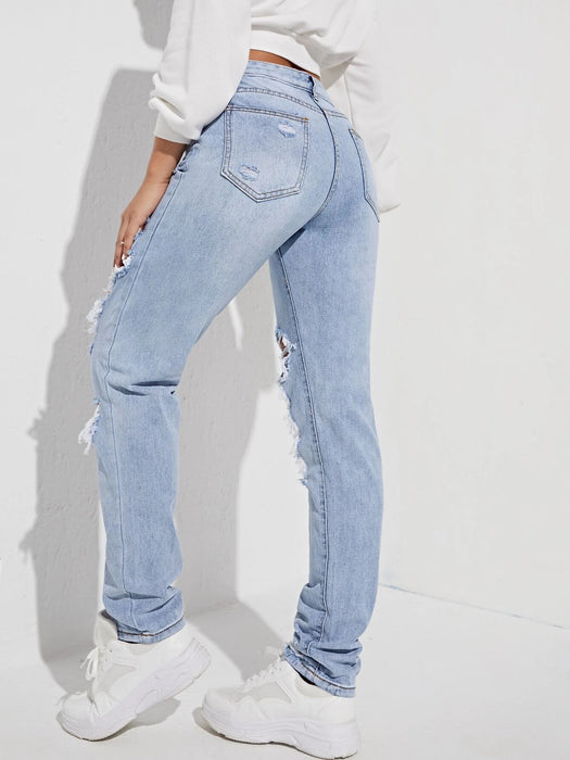 High Waist Straight Large Ripped Denim Trousers Women