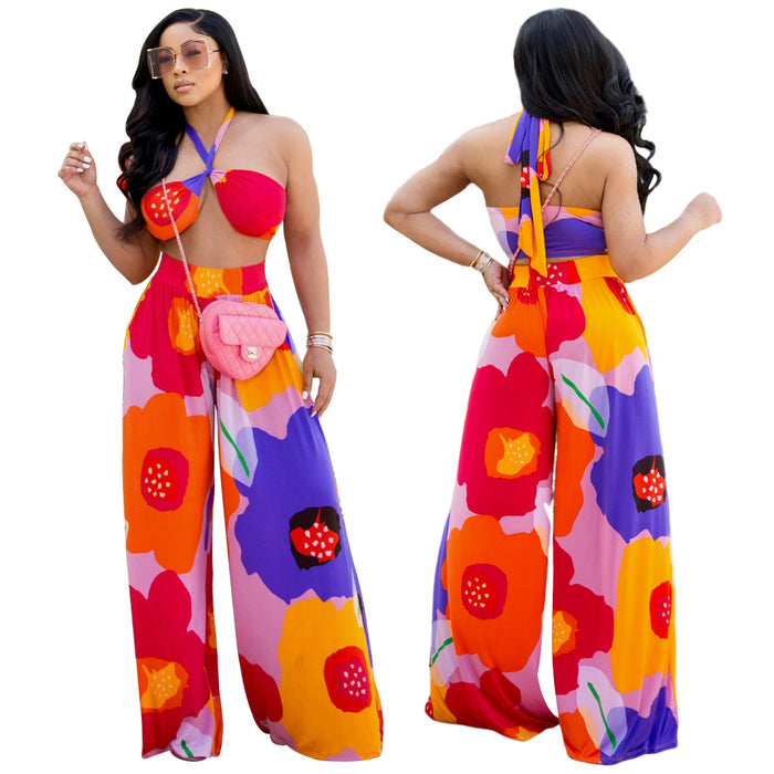 Sexy Women Clothing Design Blouse Women Print Tube Top Backless Wide Leg Pants Suit