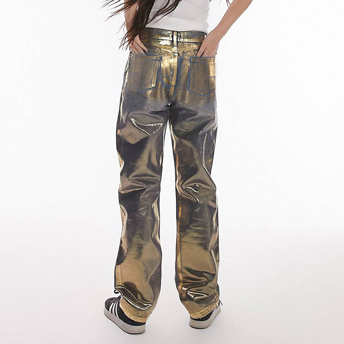 Metallic Coated Fabric Women Clothing Autumn Winter Street Bronzing Pocket Straight Denim Trousers