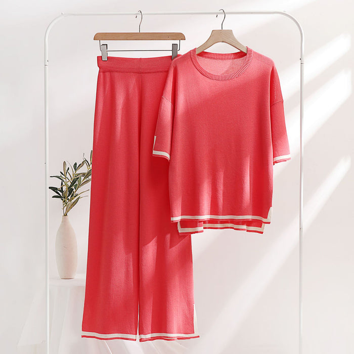 Classic Ice Silk Knitting Suit Women Spring Summer Two Piece Set Short Sleeve Stitching Casual Slimming Fashionable